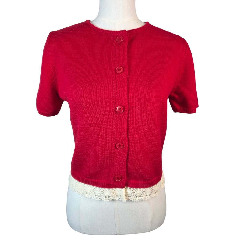 WAYF Red Short Sleeve Sweater Button-Up Cardigan w/Lace Hem